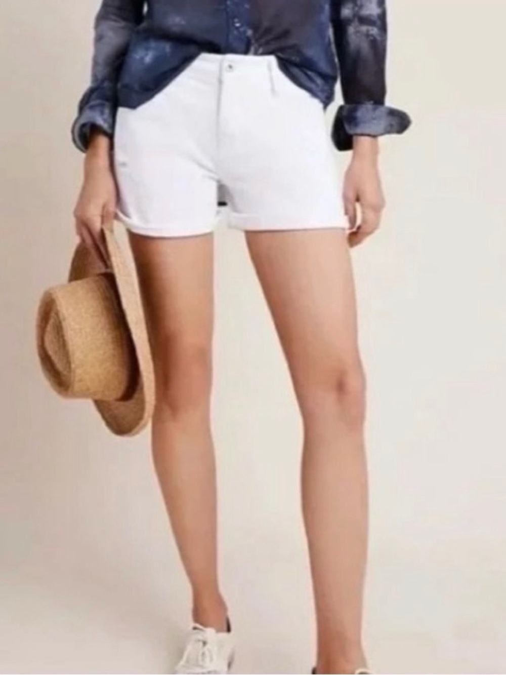 Anthropologie Pilcro White Denim Shorts - High-Rise Rolled Hem